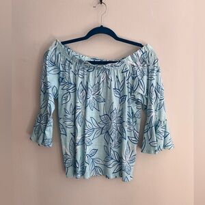 STELLA PARKER Blue Floral Print Off The Shoulder Top